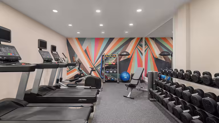 Hotel fitness center with treadmills and free weights