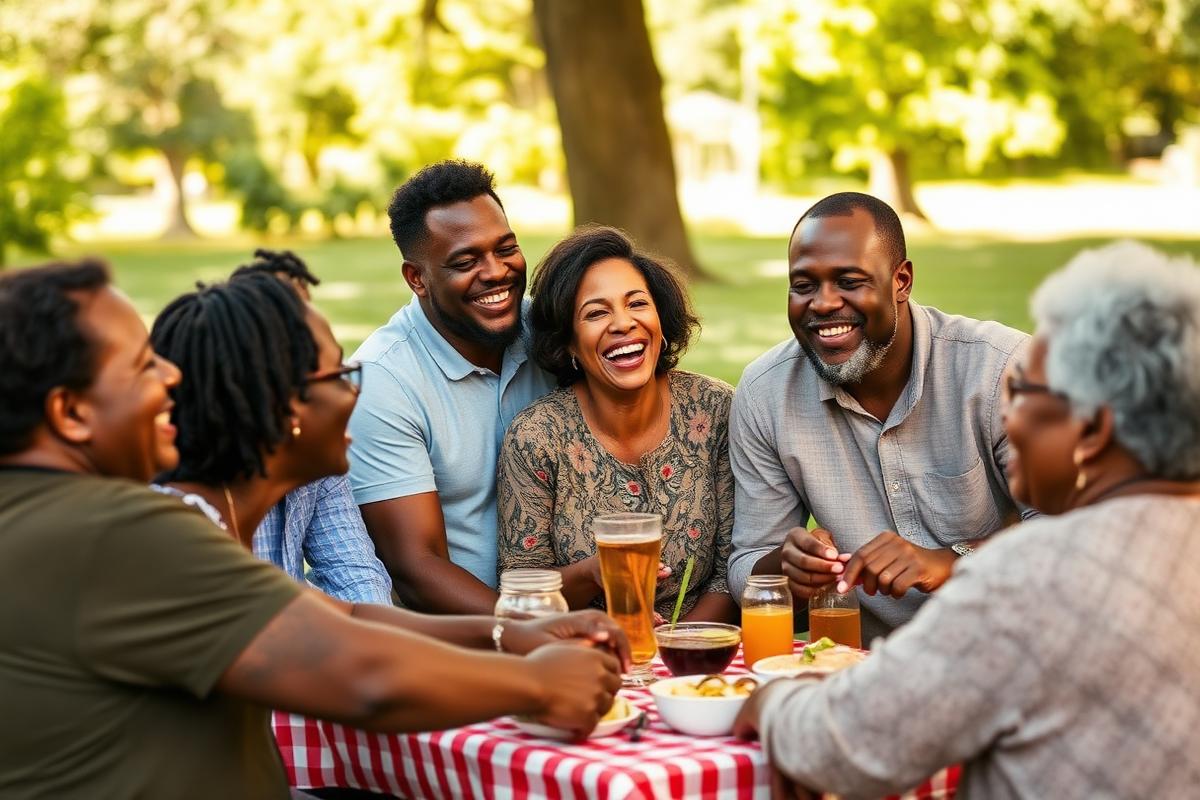 Members of the Hall family laughing together around a picnic table
